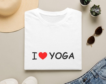 Camiseta de instructor de yoga con el lema "Yoga, meditación, espiritualidad, inhalar, exhalar" en diferentes colores.