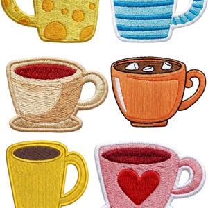 May include: Embroidered patches of six mugs, ideal for coffee or tea. The mugs are in various colours, including yellow, blue, orange, and pink. Some mugs have decorative elements like polka dots, stripes, and a heart. The patches are designed with detailed stitching.