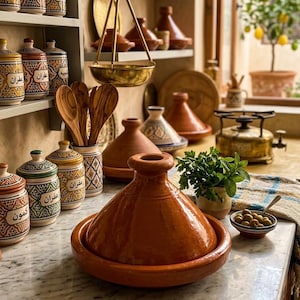 May include: A terracotta tagine pot with a conical lid sits on a marble countertop. The kitchen scene includes spice jars, wooden spoons, and a hanging brass scale. A small bowl of olives and a potted herb plant are also visible.