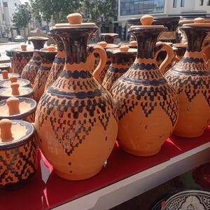 Jarra de terracota marroquí hecha a mano - Jarra de arcilla bereber tradicional - Jarrón de cerámica rústico estilo bohemio - Jarra de terracota pintada a mano con tapa