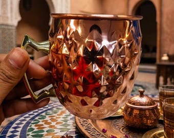 Handmade Hammered Copper Mug - Authentic Moroccan Moscow Mule Mug - Solid Copper Tea Coffee Cup Traditional Moroccan Brass Handle Drinkware