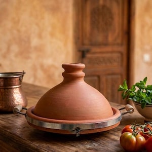 Peut inclure: Un tajine en terre cuite avec un couvercle conique, posé sur une surface en bois. Le pot a une bande métallique et des poignées en bois. Des tomates fraîches et des herbes sont à proximité, suggérant un thème culinaire.