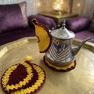 Handgemaakte Marokkaanse theepothoes en onderzetterset | Traditionele gehaakte theemuts | Etnische keukendecoratie | Unieke Marokkaanse cadeauset