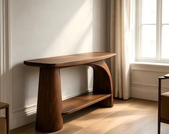 Organic Modern Console Table, Asymmetric Walnut Entryway Table with Shelf, Unique Japandi Hallway Table for Artful Home Decor