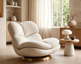 Modern Swivel Boucle Accent Chair, Cream Cloud Lounge Chair with Gold Base, Cozy Upholstered Armchair for Living Room Decor