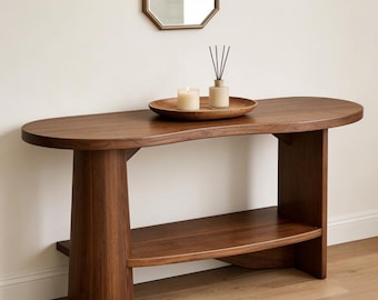 Organic Modern Oval Console Table with Shelf, Mid-Century Sculptural Entryway Table, Walnut Wood Hallway Table for Artful Home