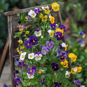 May include: A wooden planter filled with colorful pansies. The flowers display a variety of colors, including purple, yellow, white, and blue. The arrangement is lush and vibrant, with the flowers cascading over the sides of the planter.