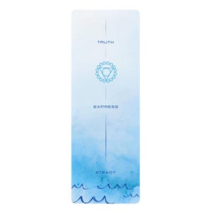 May include: A rectangular yoga mat with a watercolor design in shades of blue and white. The mat features the words "TRUTH", "EXPRESS", and "STEADY", along with a chakra symbol and wave-like patterns at the bottom.