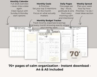 May include: A planner with a clean layout, featuring a monthly calendar, goals, daily pages, and a weekly spread. Includes a monthly budget tracker. The planner has over 70 pages and is available for instant download in A4 and A5 sizes.