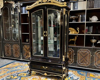 French Louis XV Bombe Commode, Marquetry Inlay Dresser, Gilt Bronze Ormolu Cabinet