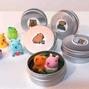 May include: A collection of small, round silver metal tins, each featuring a circular sticker with a capybara illustration on the lid. One open tin reveals two miniature capybara figurines nestled in green material, alongside four loose figurines.