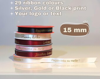 ¡1+1 GRATIS! Cinta de satén personalizada de 15 mm, con logotipo o texto personalizado. Cinta impresa para marca, embalajes comerciales y eventos.