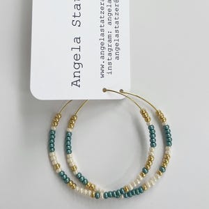 Boho Beaded Gold and Blue Hoop Earrings, Seed Bead Hoop Earrings, Large Seed Bead Hoops, Colorful Beaded Hoops, Bright Beaded Hoop Earrings