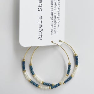 Boho Beaded Gold and Blue Hoop Earrings, Seed Bead Hoop Earrings, Large Seed Bead Hoops, Colorful Beaded Hoops, Bright Beaded Hoop Earrings