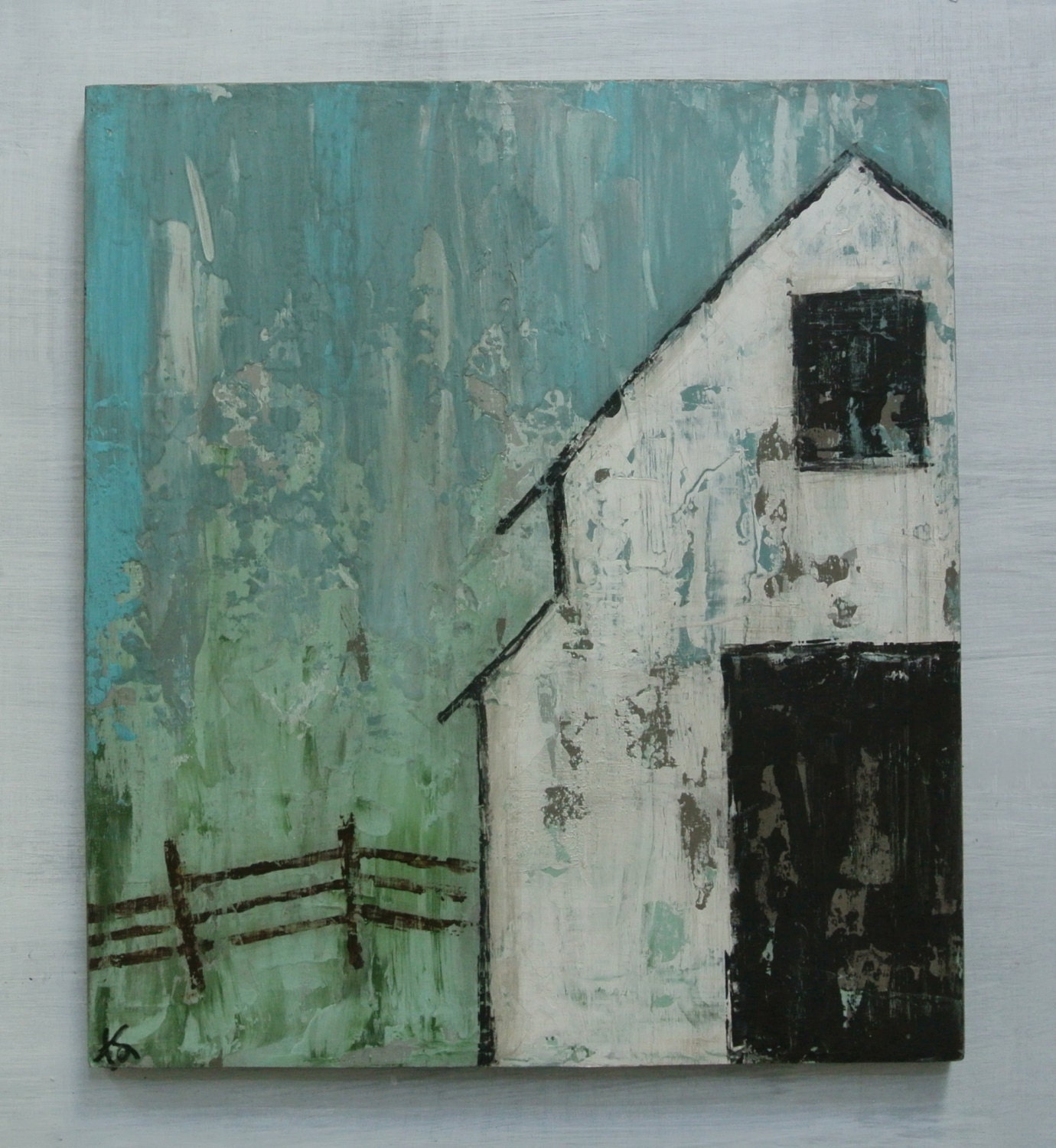 White Barn Original Painting on Wood. Titled Easy Like Etsy