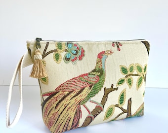 Bolso de mano de tela con estampado de pájaros: Monedero vintage con cremallera y bolsillo de muñeca con estampado floral.