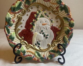 Prato de canapés vintage Fitz and Floyd com boneco de neve, azevinho e arabescos dourados de 23 cm (9 polegadas) para o Natal.