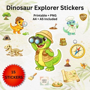 Puede incluir: Un conjunto de 15 pegatinas de explorador de dinosaurios. Las pegatinas presentan dinosaurios de dibujos animados con equipo de explorador, una brújula, un mapa y otras ilustraciones temáticas de aventuras. Se incluyen archivos PNG imprimibles, tamaños A4 y A5.