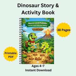 Libro di attività per bambini con avventure sui dinosauri / Giochi di colorazione di storie / Formato stampabile A4 e A5 / Età 4-8 anni