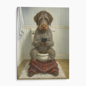 May include: A painting of a shaggy brown dog sitting on a white toilet, holding a black smartphone. The dog is wearing red and blue plaid trousers around its ankles. The scene is set in a bathroom with light blue vertical wall paneling.