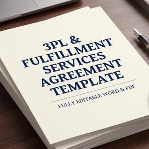 May include: A stack of white paper documents titled 3PL & FULFILLMENT SERVICES AGREEMENT TEMPLATE in dark blue text. Two circular icons are present, one labeled EDITABLE DOCX with a Word logo and one labeled PRINTABLE PDF with a PDF logo.
