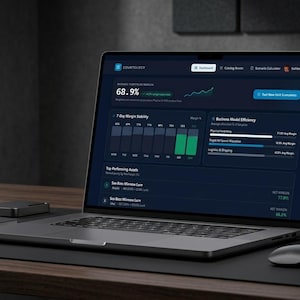 May include: A laptop computer displaying a dark-themed business analytics dashboard with charts, graphs, and text including "68.9%" and "Top Performing Assets." A smartphone on a stand displays "Scenario Result" next to the laptop.