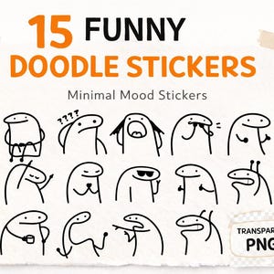 Pode incluir: Uma folha com 15 autocolantes de doodle engraçados. Os autocolantes são desenhos a traço preto de bonecos de palito que expressam vários humores. O texto "15 FUNNY DOODLE STICKERS" é laranja e "Minimal Mood Stickers" é preto.