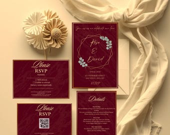 Plantilla de invitación de boda en tonos burdeos, estilo antiguo, con cuadros rojos y crema, con RSVP, imprimible, de lujo y descarga instantánea.