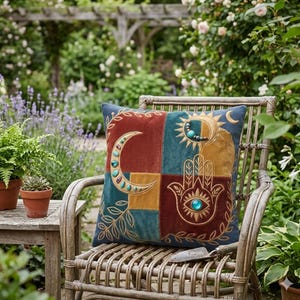 Könnte beinhalten: Ein dekoratives quadratisches Kissen mit einem Himmelsdesign. Das Kissen hat ein Patchwork-Design mit einem Mond, einer Sonne, einer Hamsa-Hand und anderen Symbolen. Das Kissen befindet sich auf einem Korbstuhl in einem Garten.