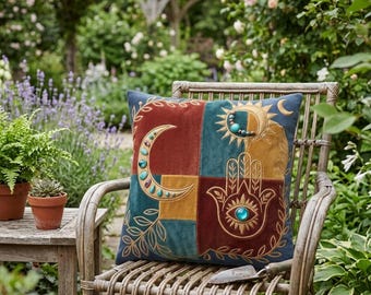 Cojín de exterior estilo bohemio con luna celestial y Hamsa / Patchwork de luna creciente y sol