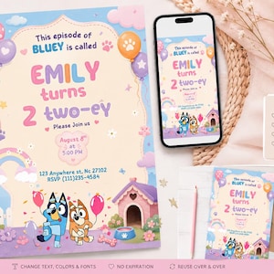 May include: A digital birthday invitation template featuring Bluey characters, balloons, and a doghouse. The text reads: This episode of BLUEY is called EMILY turns 2 two-ey. Includes details for August 8th at 5:00 PM, 123 Anywhere st, Nc 27102, and RSVP (111)235-4584.