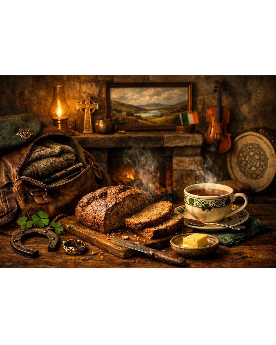 Rustic Irish Background Irish Cottage Print – Rustic Bread, Tea, Fireplace Decor (digital ...