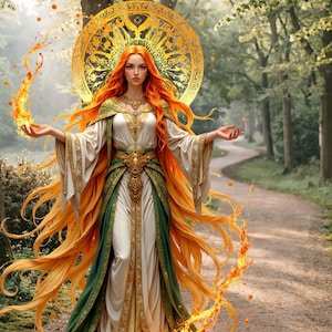 May include: A digital artwork depicting a woman with vibrant orange hair and a golden halo. She is dressed in a white and green gown with gold detailing, set against a forest backdrop. Flames appear to be emerging from her hands.