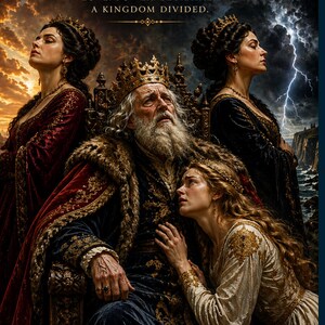 May include: A digital illustration of King Lear, with the title in gold lettering. The image depicts a king seated on a throne, surrounded by three women, with a stormy sky in the background. The text reads: Love. Power. Betrayal. A Kingdom Divided.