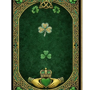 May include: A framed print with a green background and gold Celtic knotwork border. The image features a shamrock, a Celtic knot, and a Claddagh design with a heart, crown, and hands. The color palette includes green, gold, and black.