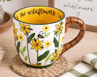 Floral Bee Mug, Wildflower Ceramic Cup, Cottagecore Coffee Cup, Nature Lover Gift