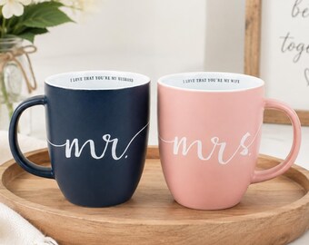 Mr and Mrs Coffee Mugs, Navy Blush Pink Couple Gift