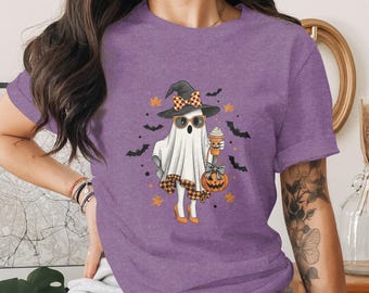Halloween-t-shirt med pumpa och häxa | Pumpa och krydda-t-shirt med grafisk design