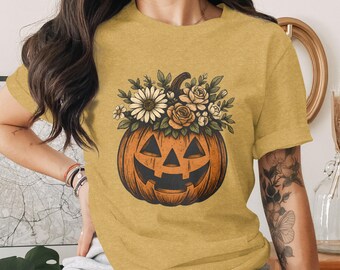 Blommig Jack O'Lantern-t-shirt, Vintage Cottagecore Halloween-pumpa-t-shirt