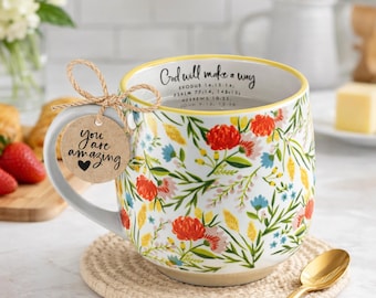 Floral Ceramic Mug, Encouraging Quote, Christian Coffee Cup