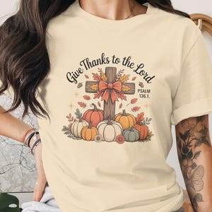 Christian Thanksgiving T-Shirt | Give Thanks Cross Pumpkin Tee, Psalm 136:1 Faith Apparel