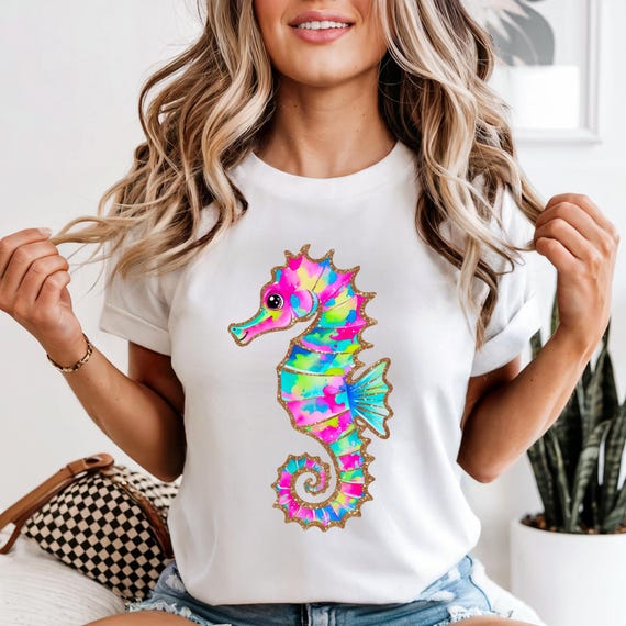 Colorful Seahorse Comfort Colors Shirt, Coastal Graphic Tee, Beach Lover T-Shirt, Ocean Animal Shirt, Summer Vacation Tee, Nautical Gift