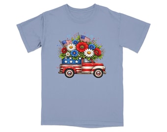 4th of July Vintage Truck T-Shirt, Patriotic American Flag Flowers Tee