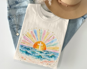 Christian T-Shirt, Watercolor Sunrise Beach Cross Tee, Lamentations 3:22 Verse