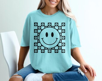 Retro Smiley Face Daisy Checkerboard T-Shirt, Y2K Grunge Indie Top