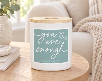 You Are Enough Vanilla Candle, Sage Label, Wooden Lid, Encouragement Gift