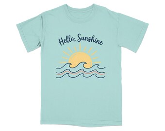 Hello Sunshine T-Shirt, Beach Life Ocean Waves Summer Tee, Coastal Graphic Vacation Top