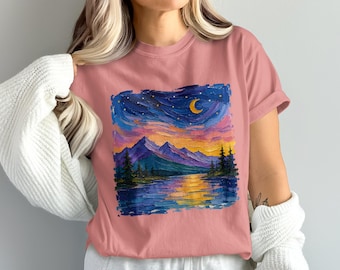 Impasto Mountain Lake T-Shirt | Moonlit Nature Art Tee, Vibrant Oil Paint Landscape Graphic Shirt