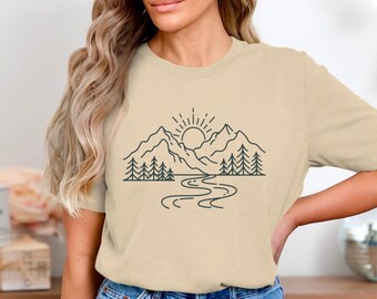 Minimalist Mountain Range T-Shirt, Nature Line Art Camping Graphic Tee