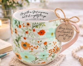 Floral Ceramic Mug, Inspirational Faith Message, Boho Coffee Cup (18 Oz)